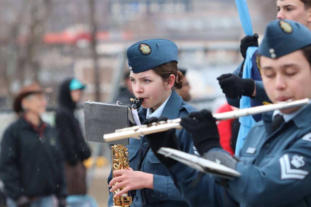 Cadets sent music into the air, and didn&rsquo;t miss a step. (Brendan Shykora/Morning Star)