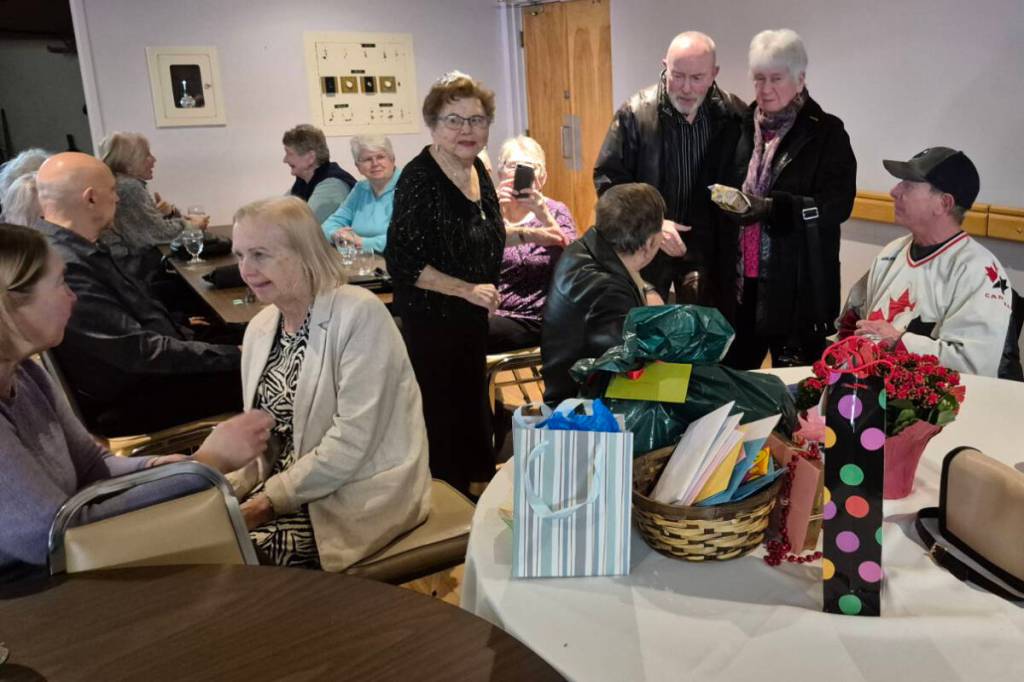 Coldstream&rsquo;s Simone Huhtala (centre) was toasted with cards, gifts, and cake on the occasion of her 103rd birthday Friday, Feb. 20, at Vernon&rsquo;s Schubert Centre. (Roger Knox - Morning Star)